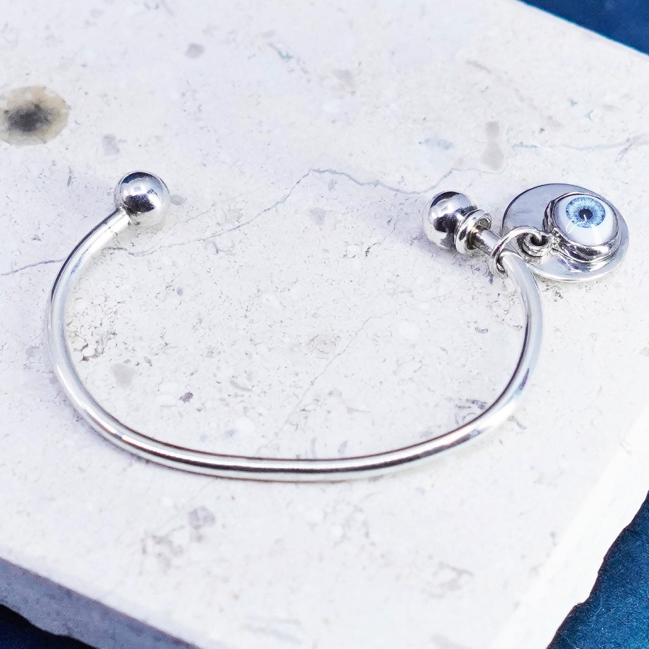 5.5” Sterling silver handmade bracelet, Mexico 925 charm cuff evil eye charm