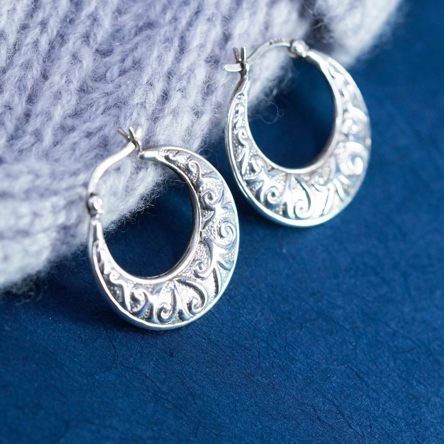 1”, Sterling silver handmade earrings, textured 925 hoops, huggie