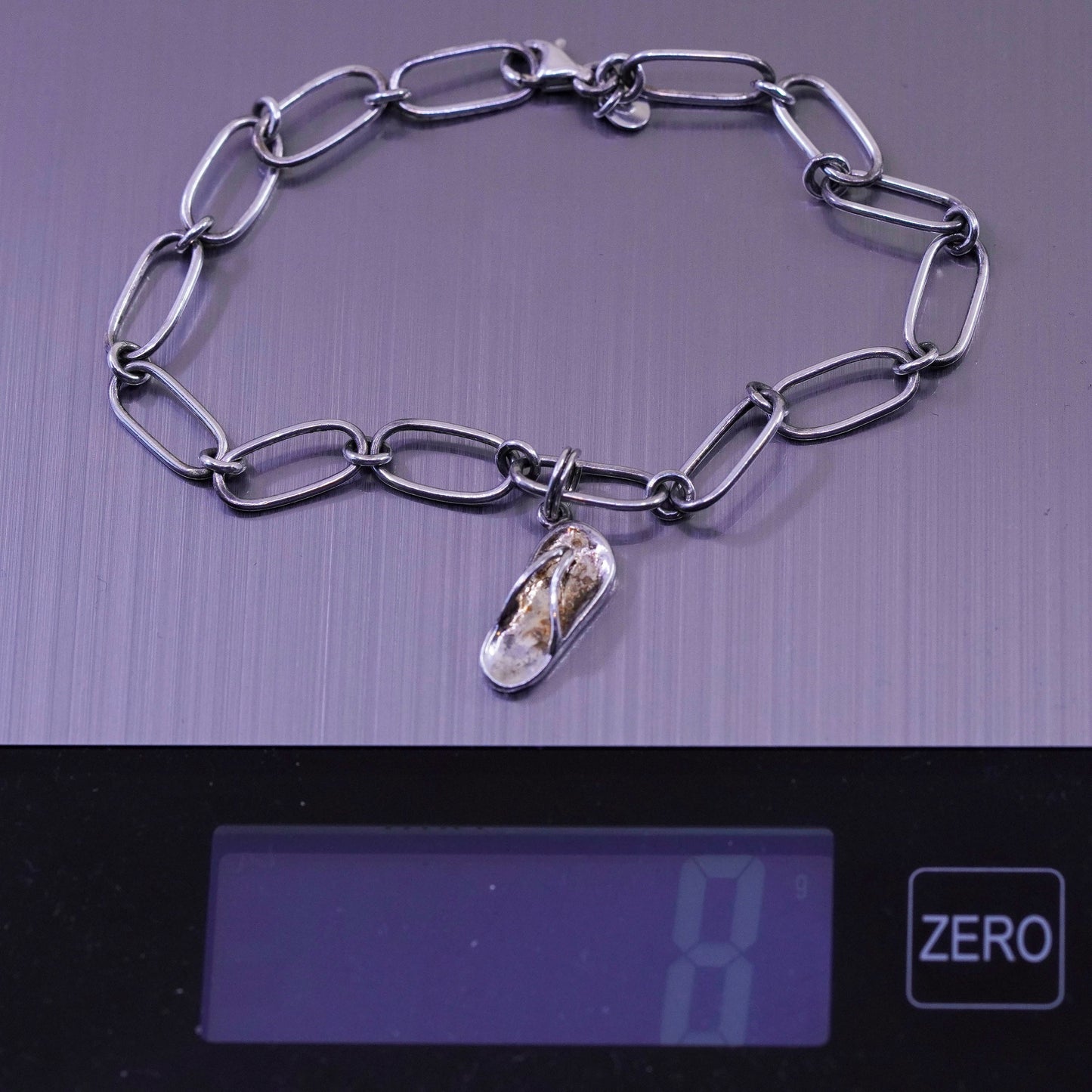 8.25”, Vintage sterling silver handmade bracelet, 925 oval chain sandal charm