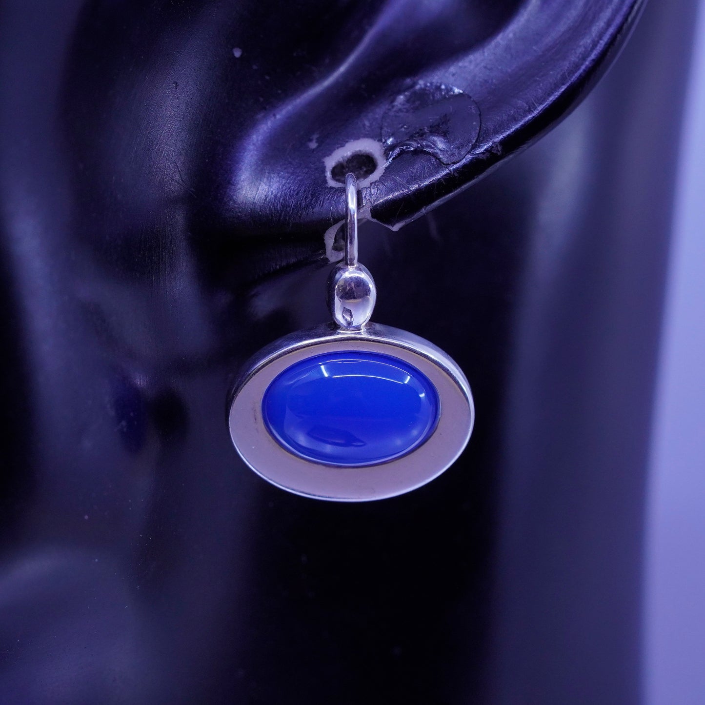 Vintage Sterling 925 silver oval earrings with blue cats eye beads