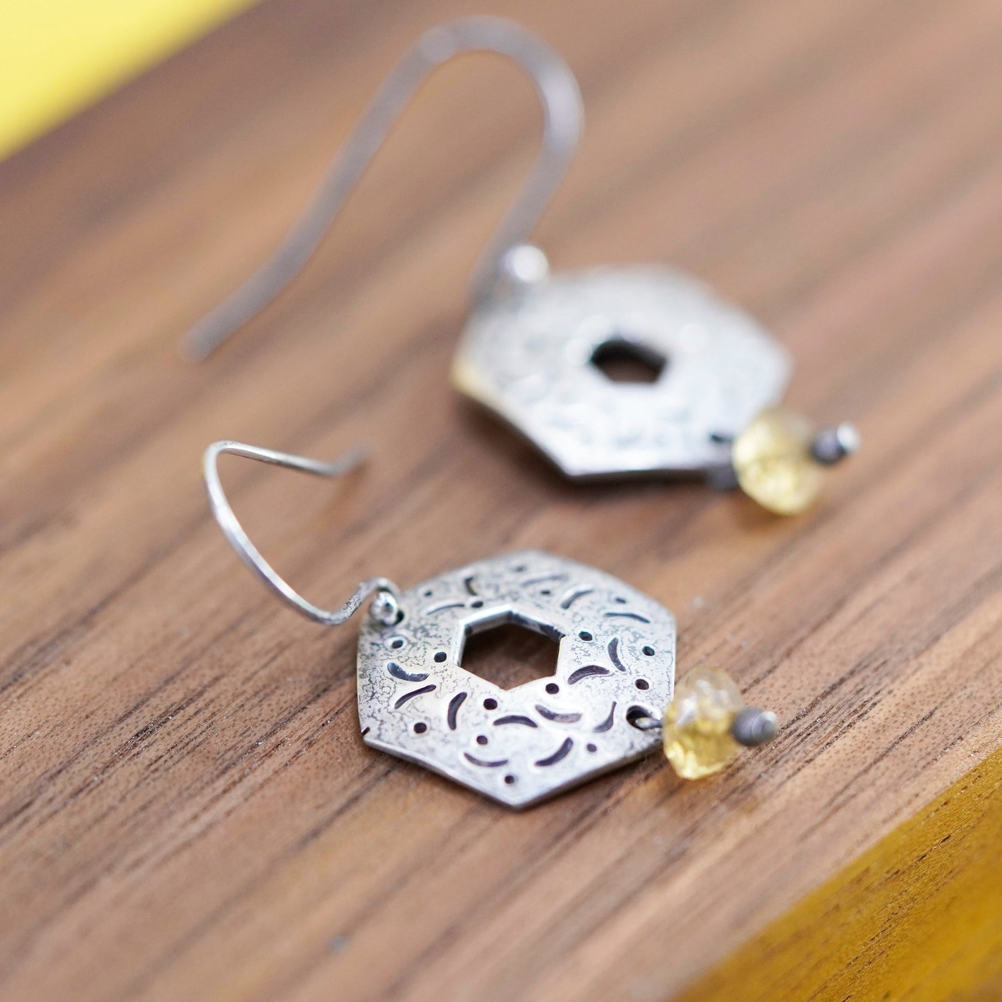 Vintage sterling 925 silver handmade honeycomb earrings with citrine