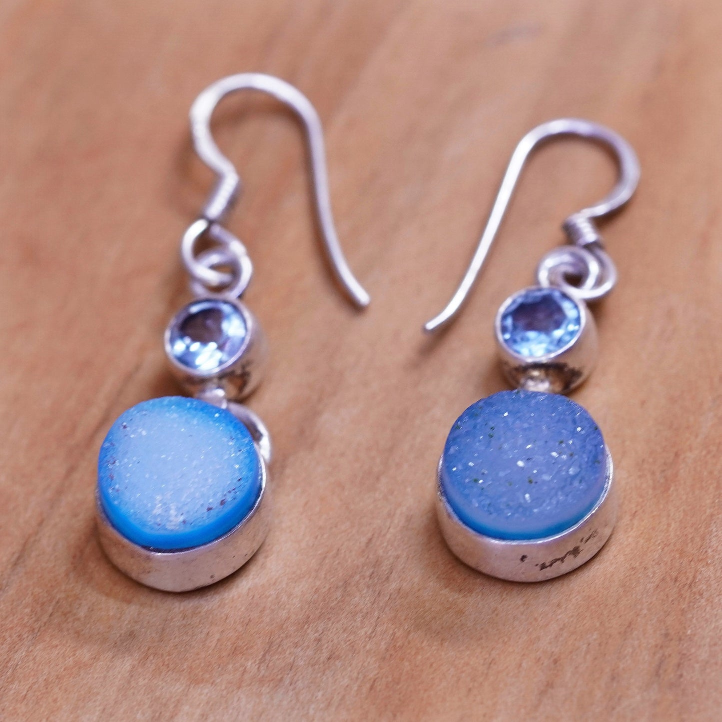 Vintage Sterling 925 silver handmade earrings with blue topaz and druzy