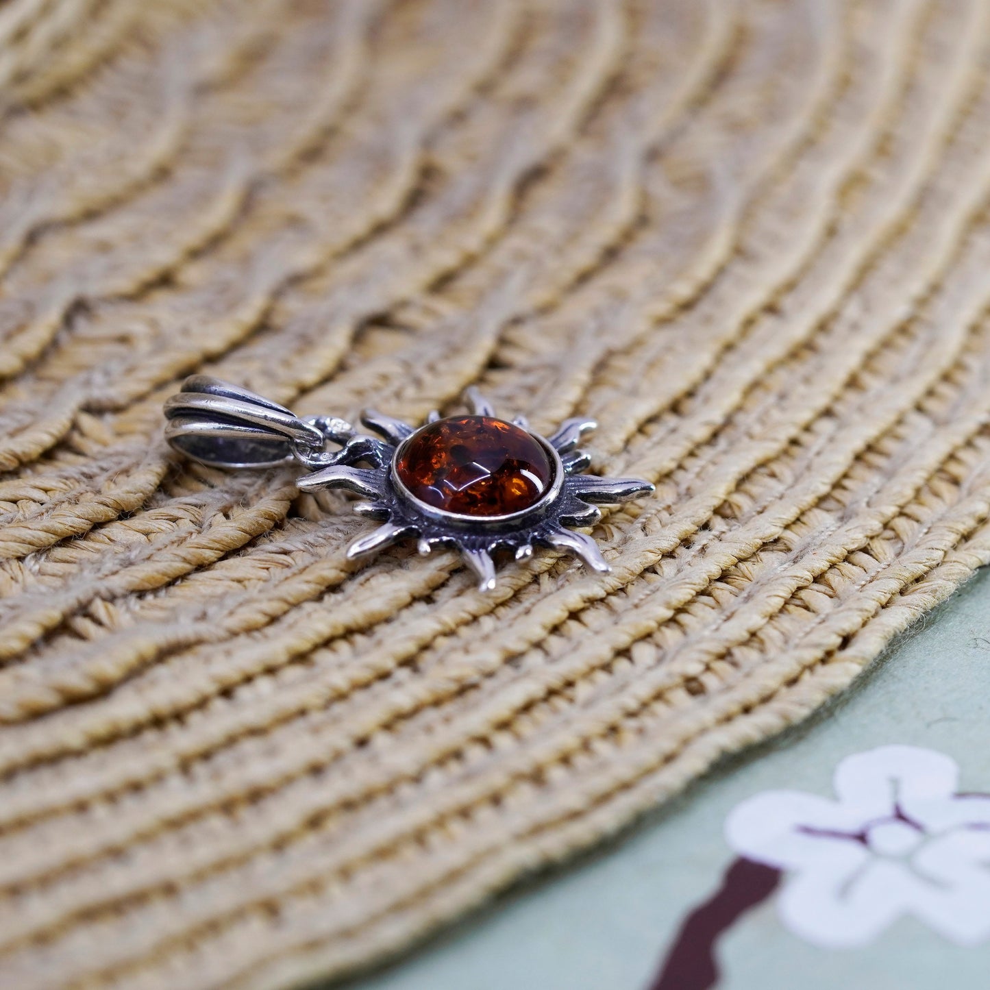 Vintage Sterling 925 silver handmade Sun pendant with Amber