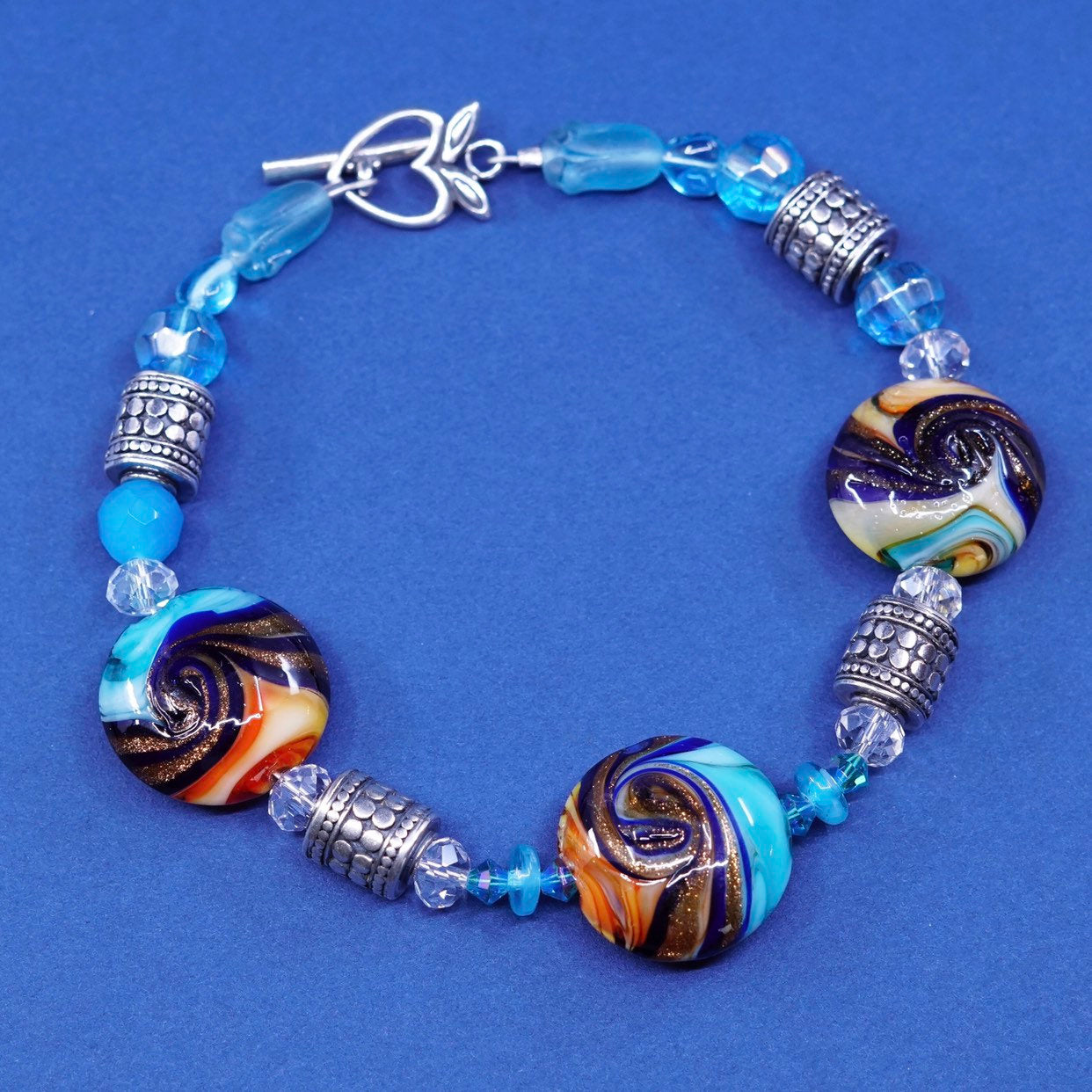 7.25", handmade sterling silver bracelet, 925 beads w/ foiled glass N heart