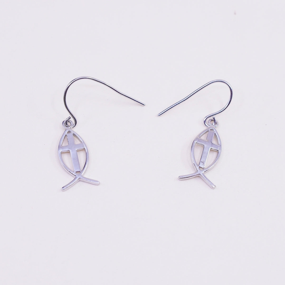 Vintage sterling silver handmade modern earrings, 925 fish with cross