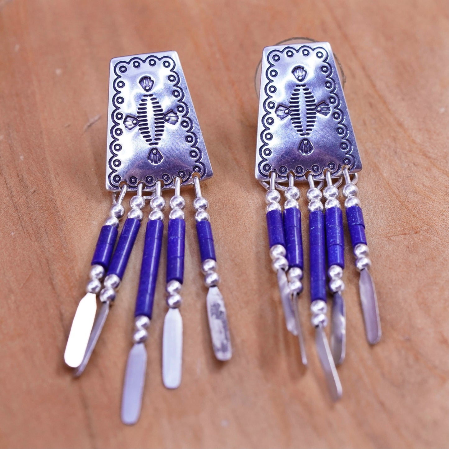 Quoc Turquoise Q.T. Sterling Silver Handmade Earrings, 925 lapis lazuli fringe