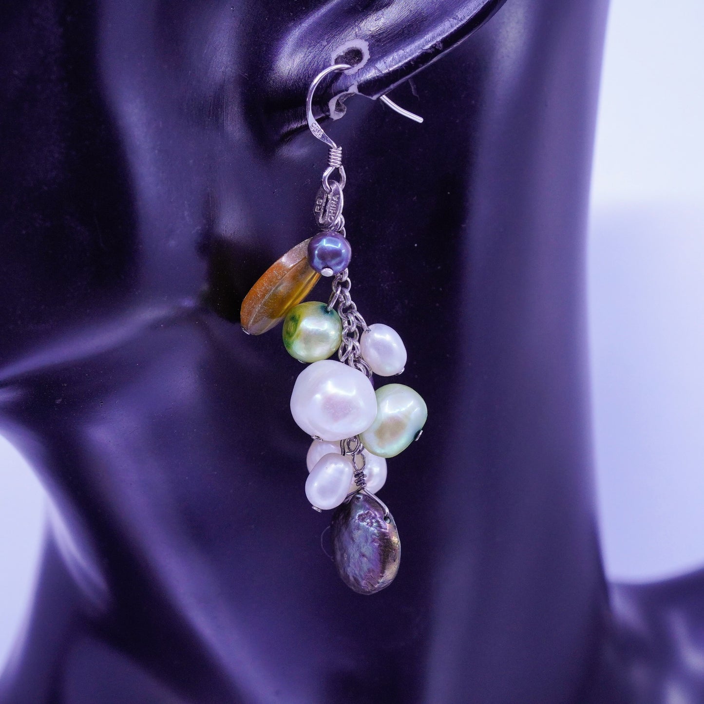 Vintage Sterling 925 silver handmade earrings with cluster freshwater pearl