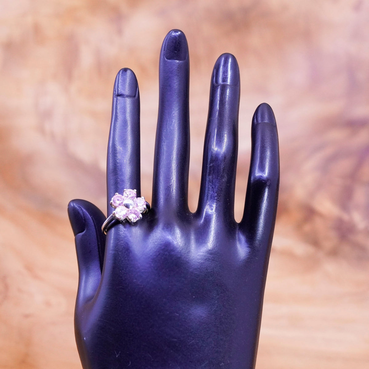 Size 8.25, vintage Sterling 925 silver handmade ring with pink cz flower