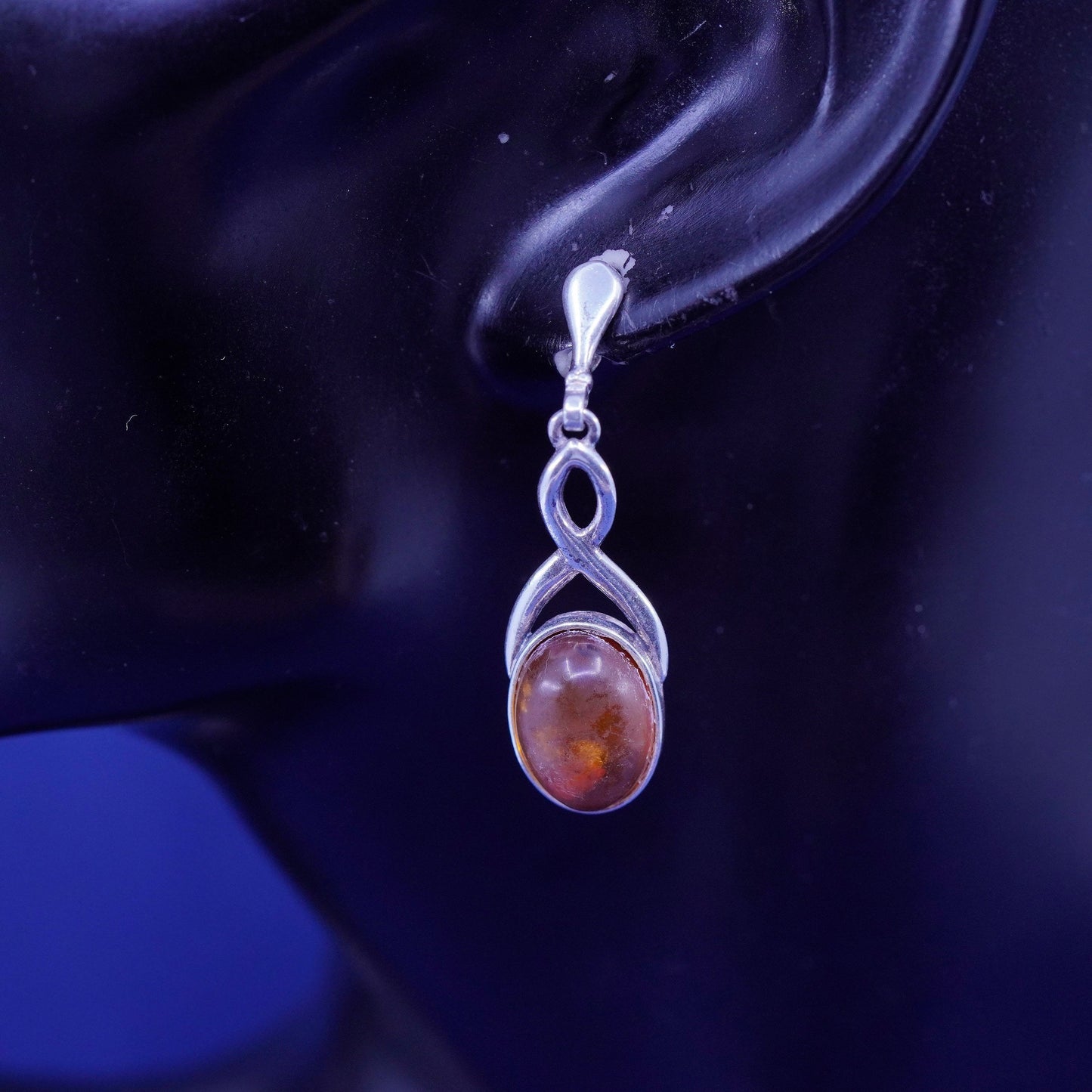 Vintage sterling 925 silver handmade earrings with oval amber