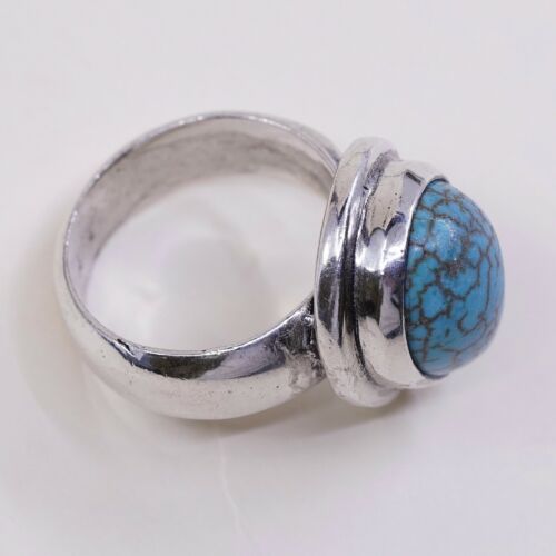 Sz 8.5, Vtg Sterling Silver Handmade Ring W/ Teardrop Turquoise, Stamped 925