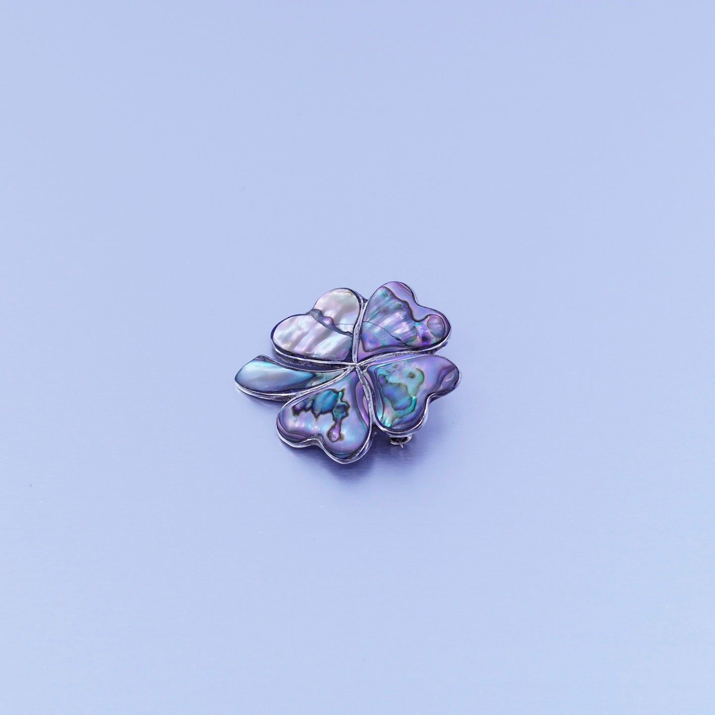 Taxco Sterling 925 silver handmade brooch lucky four leaf clover pin w/ abalone