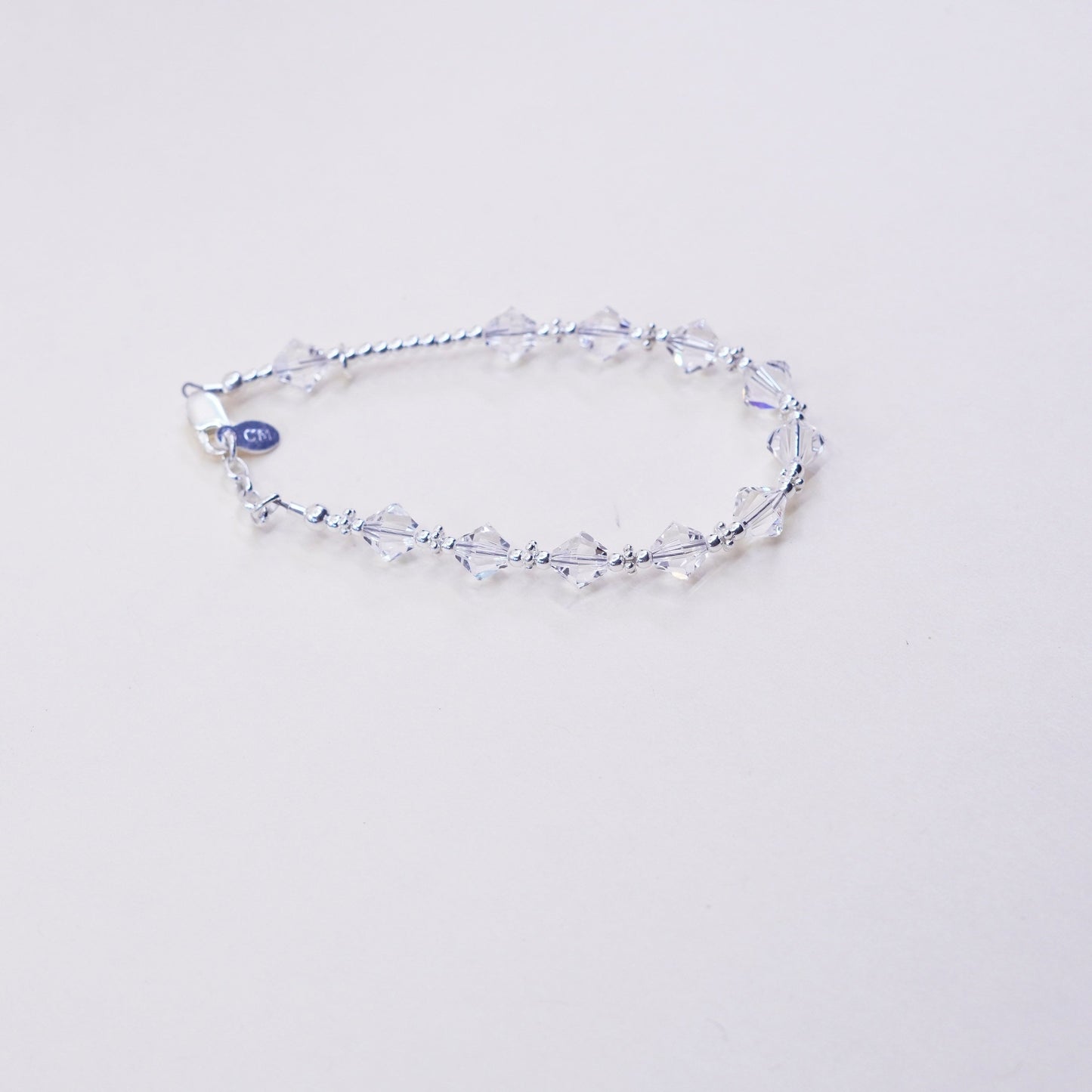 6”, vintage sterling silver handmade bracelet, 925 beads with crystal