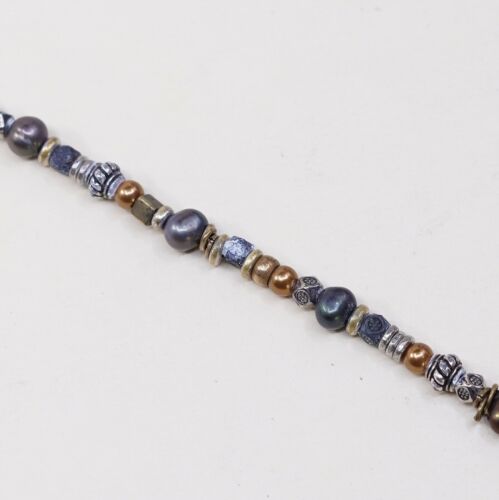7”, Vtg Handmade Bead Bracelet, Gf Beads W/ Black Pearl W/ Flower Toggle Closure