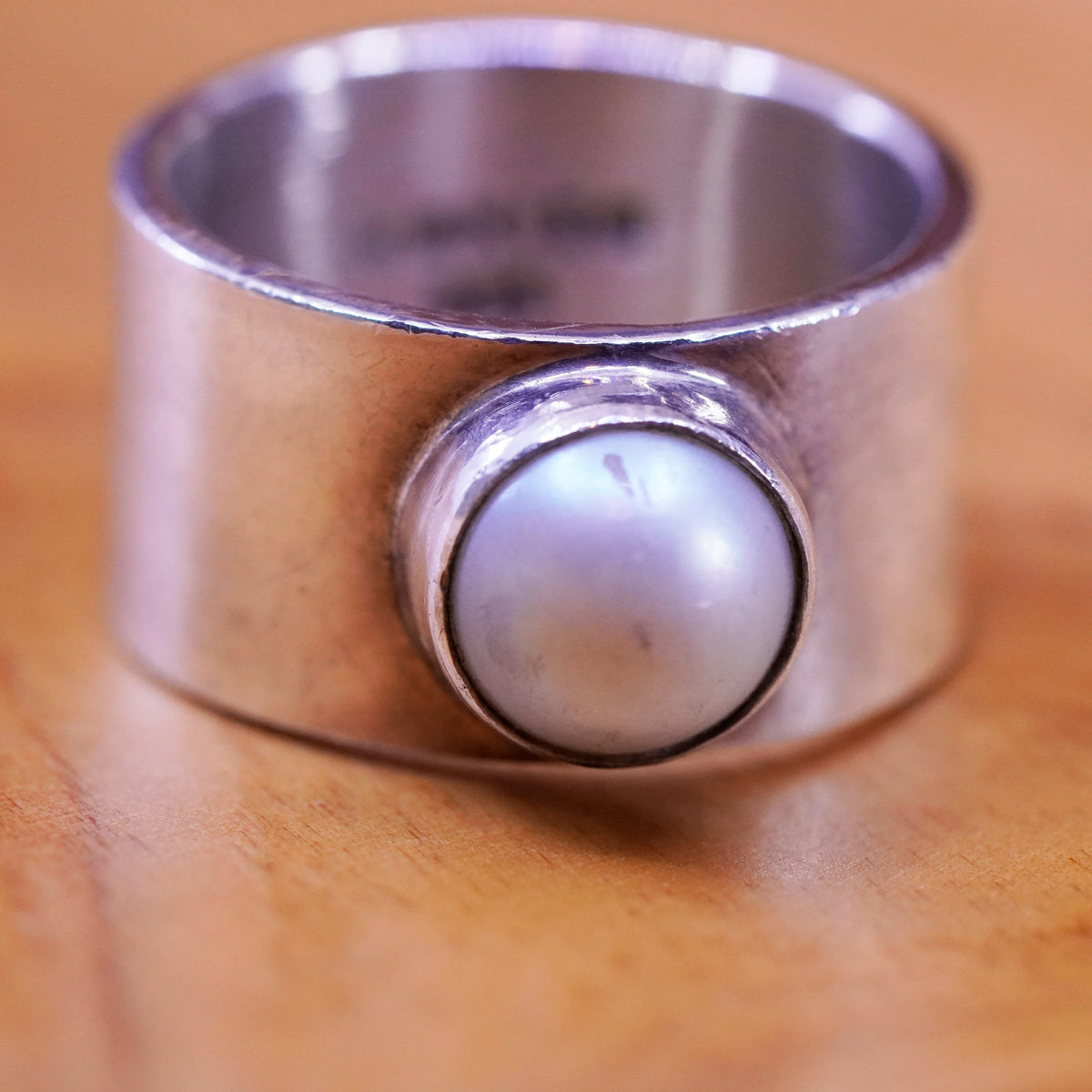 Size 6, vintage modern Sterling 925 silver handmade band ring with pearl