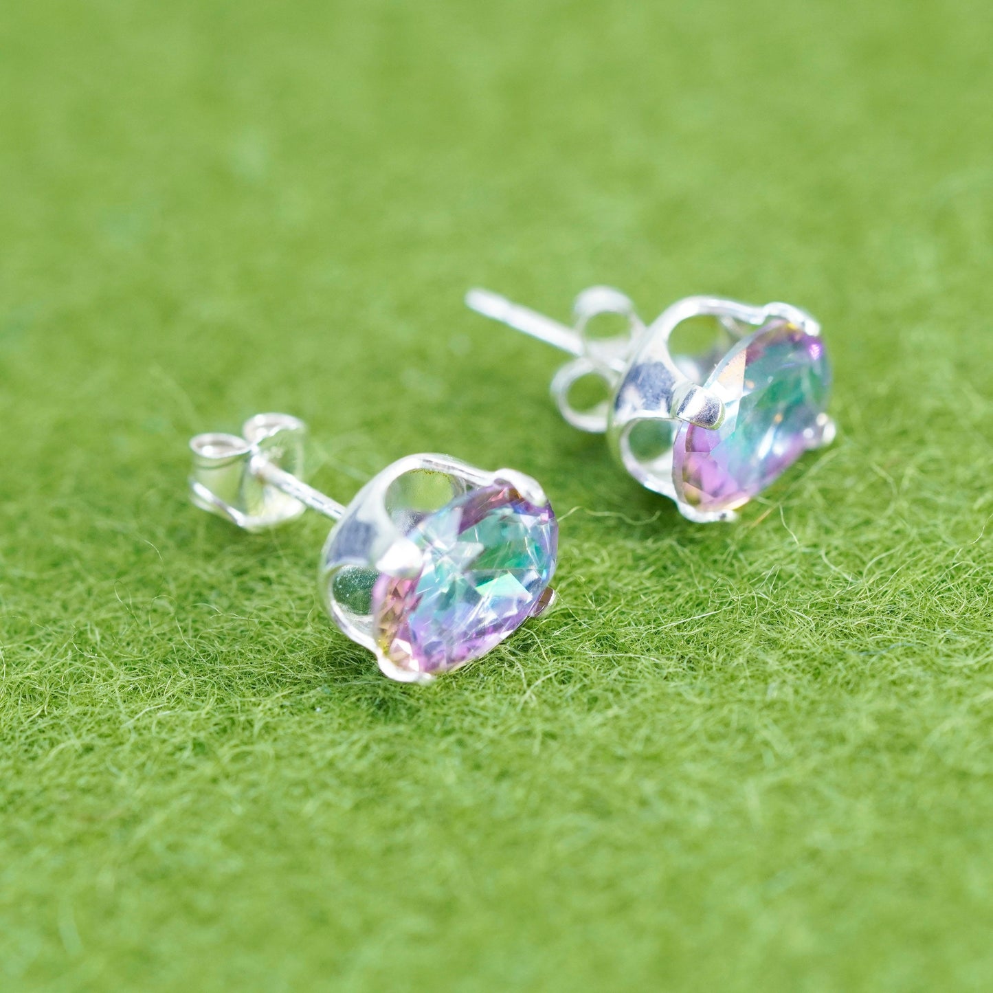 Vintage sterling silver genuine rainbow quartz studs, minimalist earrings
