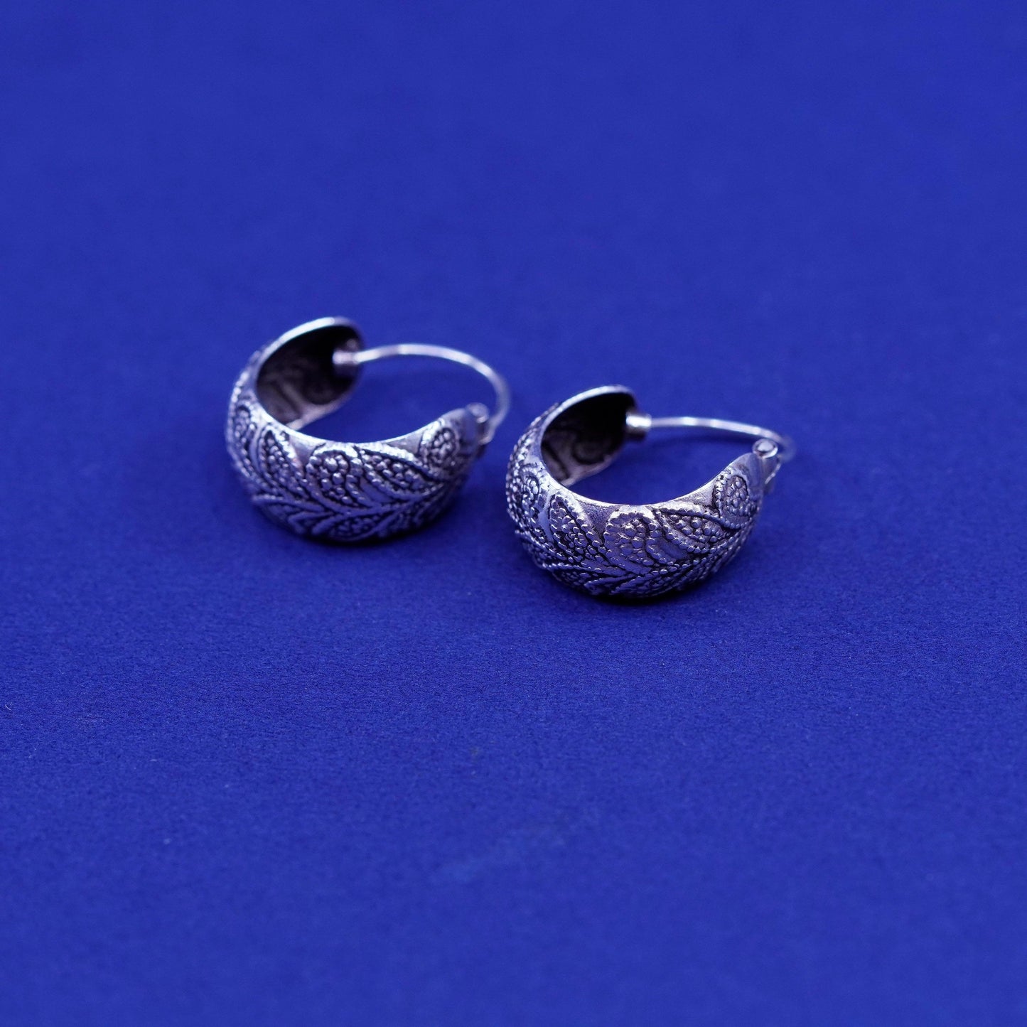 0.5”, vintage Sterling silver handmade earrings, 925 textured hoops, Huggies