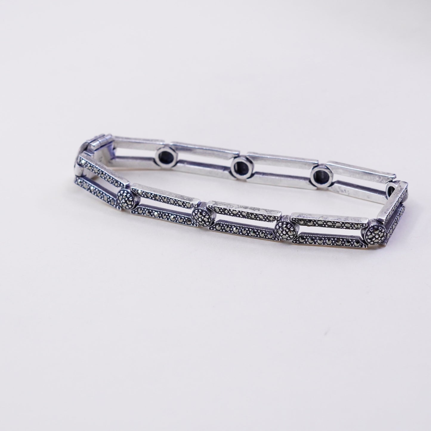 7.25”, Sterling 925 Silver, elongated chain, tennis Bracelet with marcasite