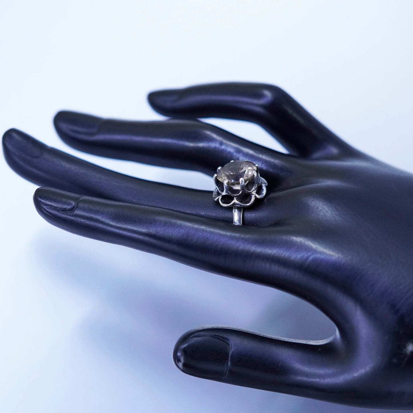 Size 5.5, vintage Sterling 925 silver handmade crown ring with smoky quartz