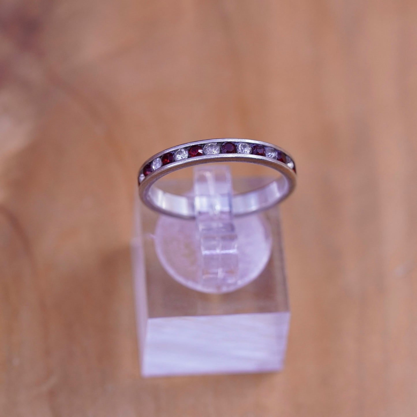 Size 7.25, vintage Sterling silver handmade ring, 925 band with ruby and cz
