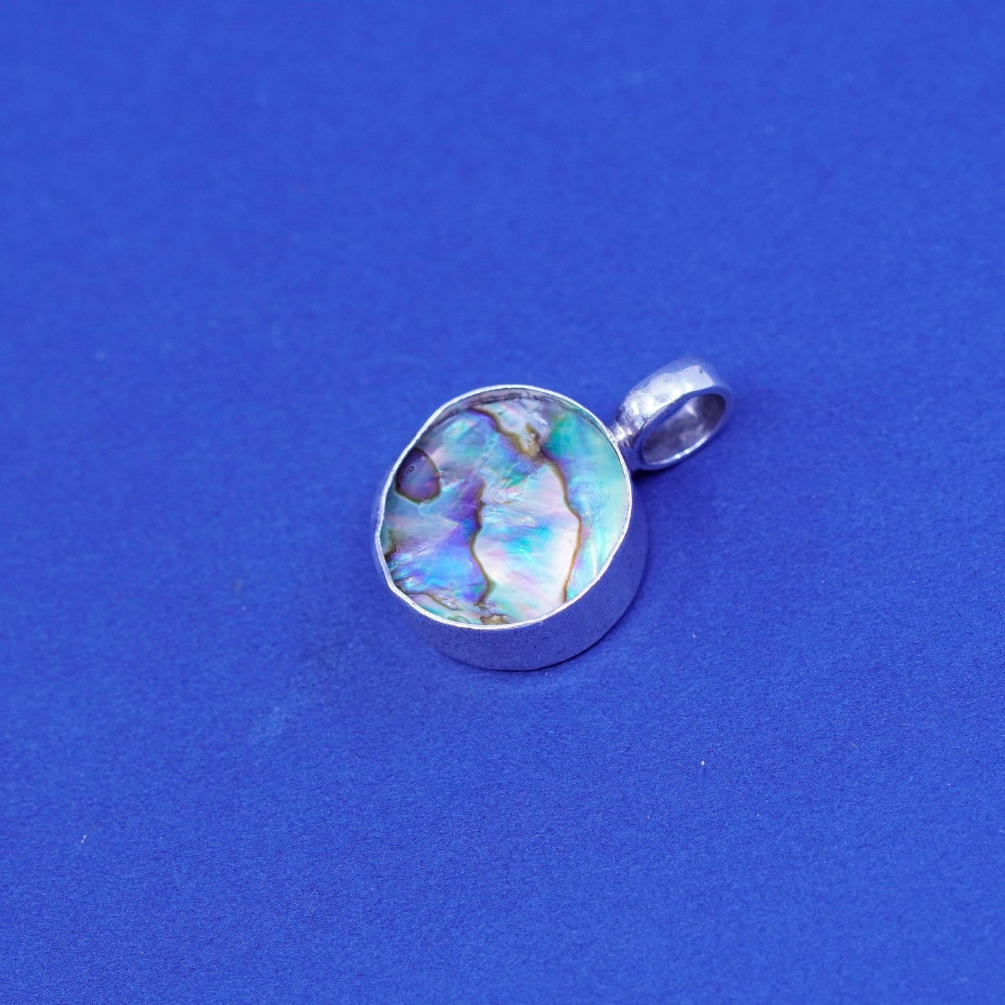 Vintage Sterling silver handmade pendant, 925 circle charm with abalone