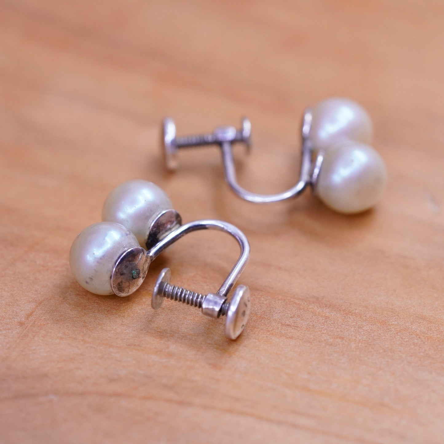 vtg Richelieu Sterling silver screw back handmade earrings, 925 pearl dangles