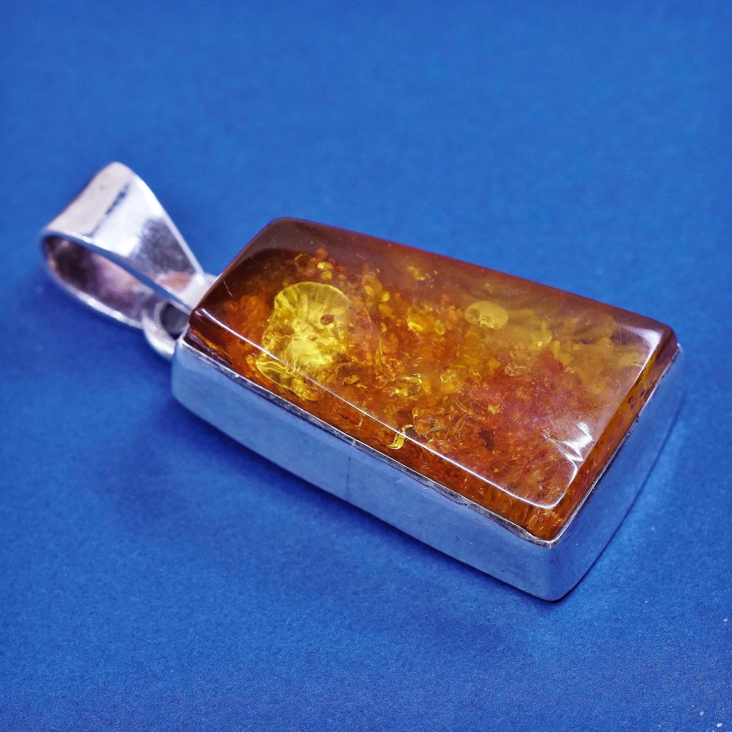 Vintage Sterling silver handmade pendant, 925 with amber center N cable