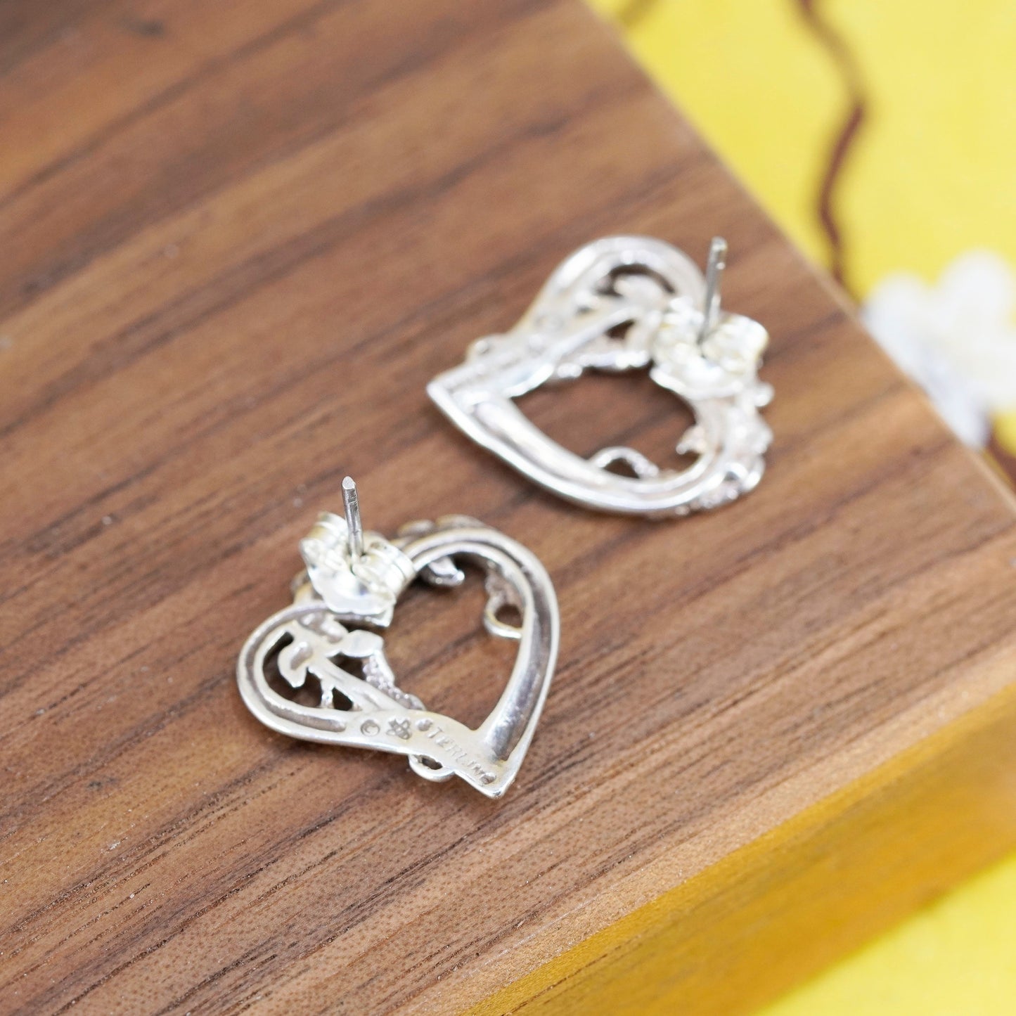 Vintage Sterling silver handmade earrings, floral textured 925 heart studs