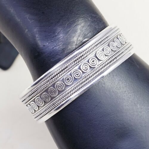 7”, Vtg Braid Sterling Handmade Cuff, 925 Silver Bracelet W/ Cable N Swirl