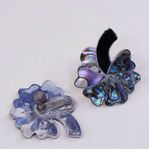 Vtg Taxco Sterling 925 Silver Handmade Screw Back Flower Earrings With Abalone