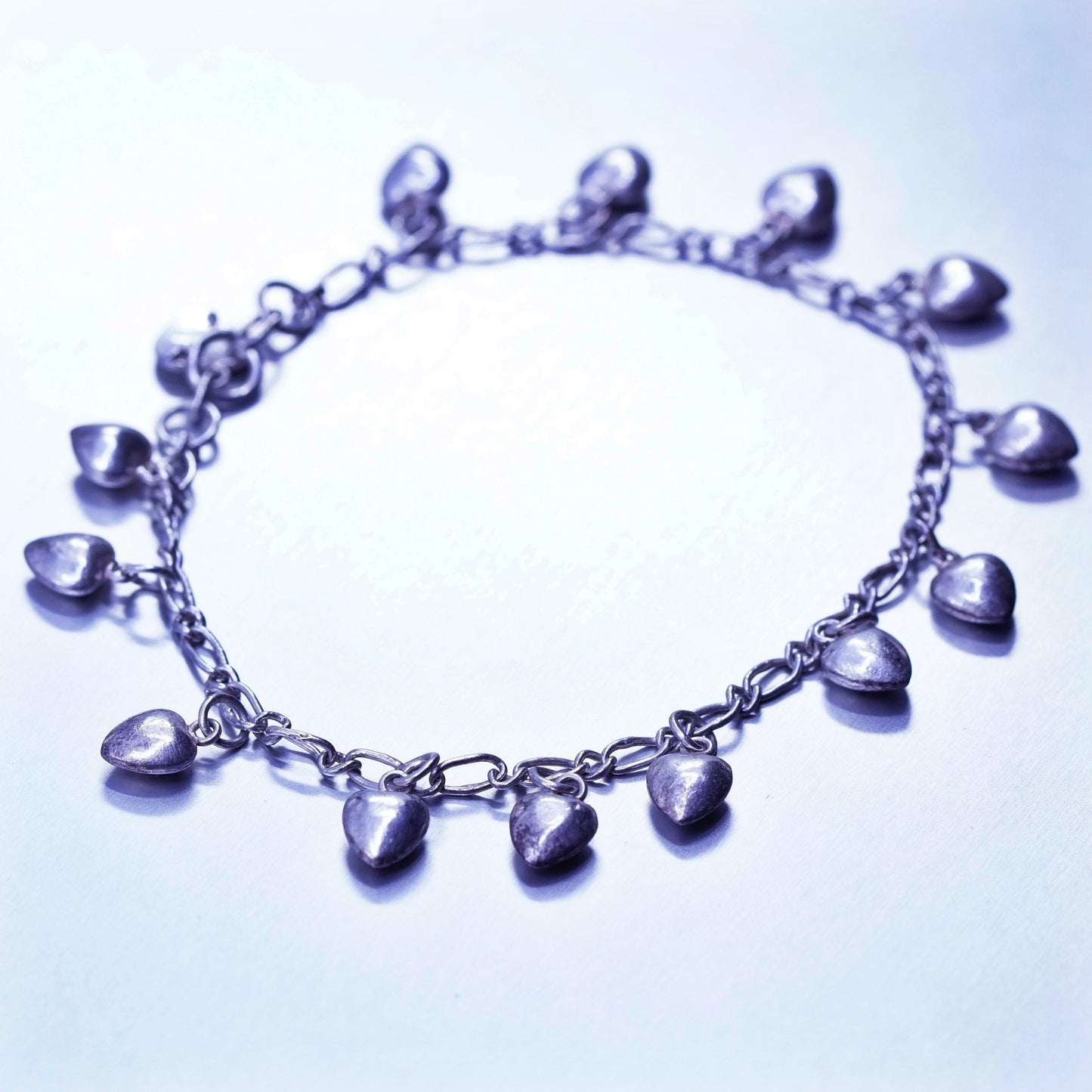 7.25”, vintage Sterling 925 silver handmade bracelet, figaro chain heart charms