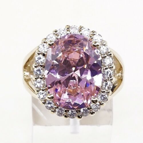 Sz 6.25, Gold Over Sterling Silver Ring, 925 Silver Cocktail Ring W/ pink Cz