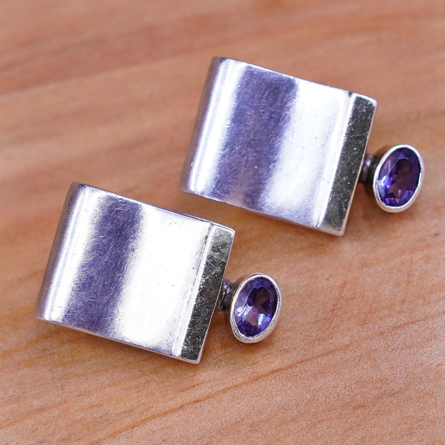 vtg 14K accent with Sterling silver earrings, modern 925 studs with amethyst
