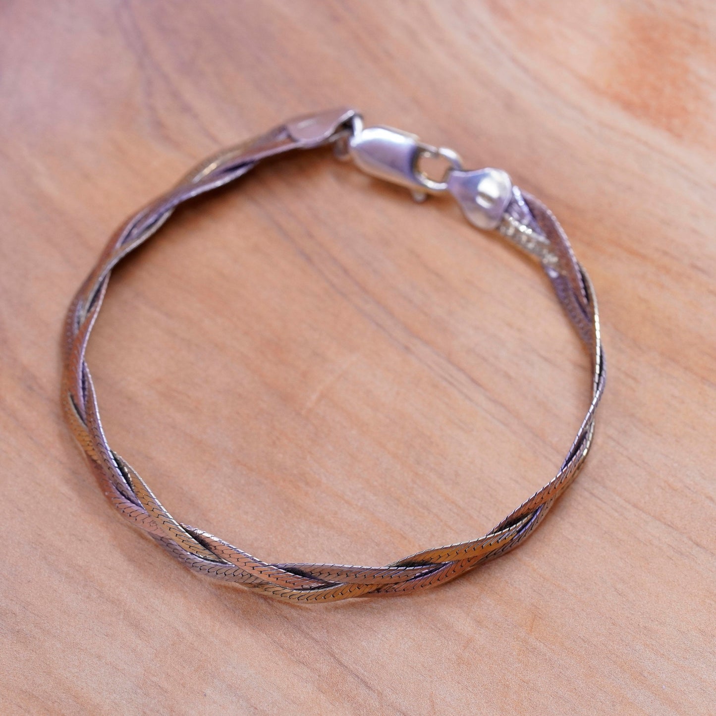 7”, gold Sterling silver braided woven herringbone bracelet Italy 925 Chain