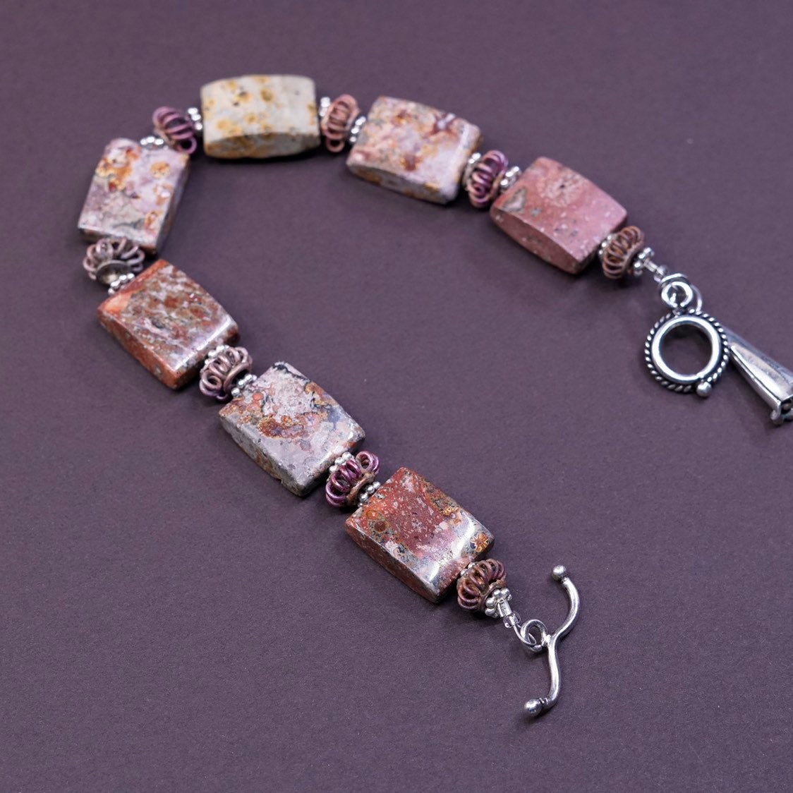 7.75”, vtg Sterling silver handmade chain, 925 beads w/ Jasper nuggets bracelet