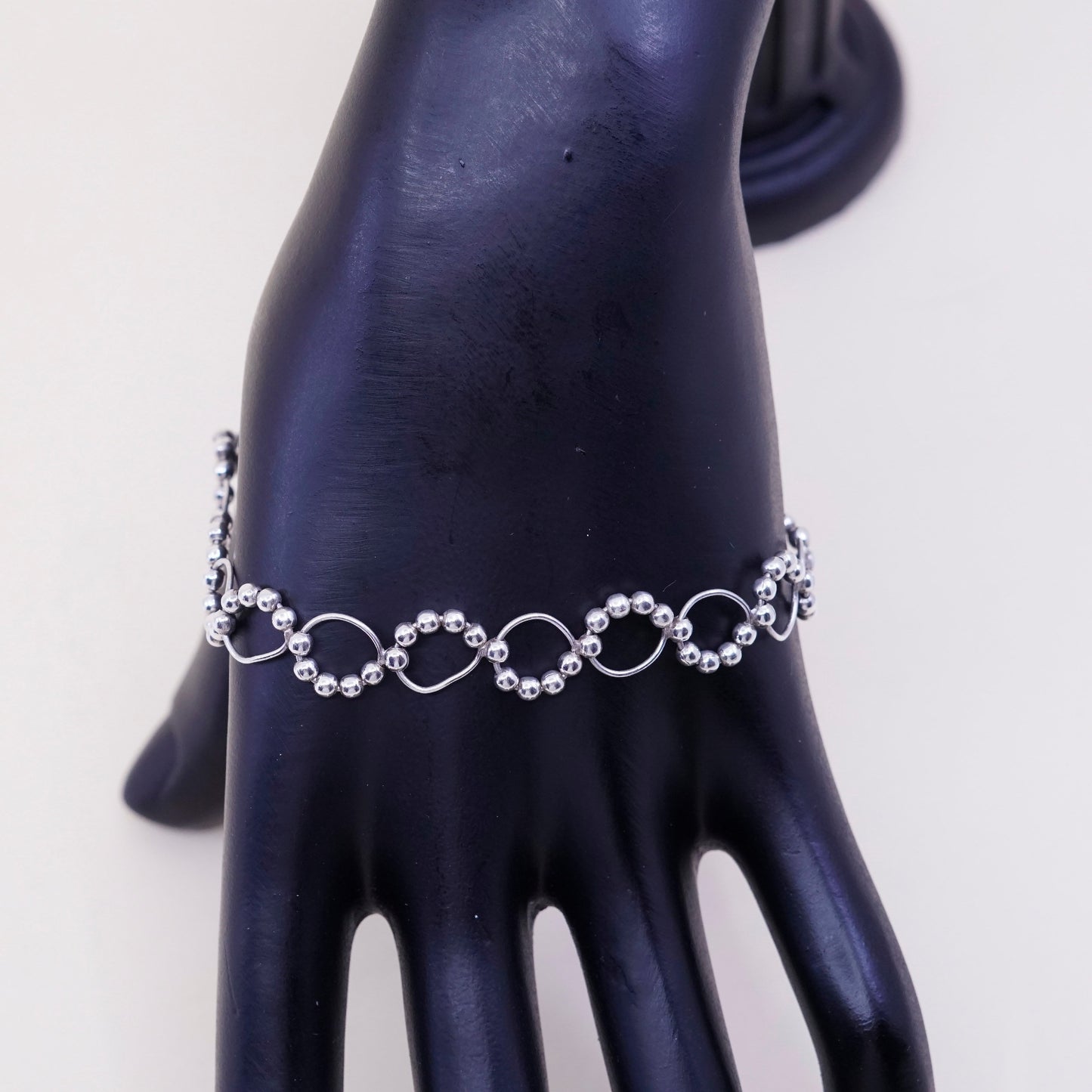 7.25”, vintage sterling silver handmade bracelet, 925 circle with wavy beads