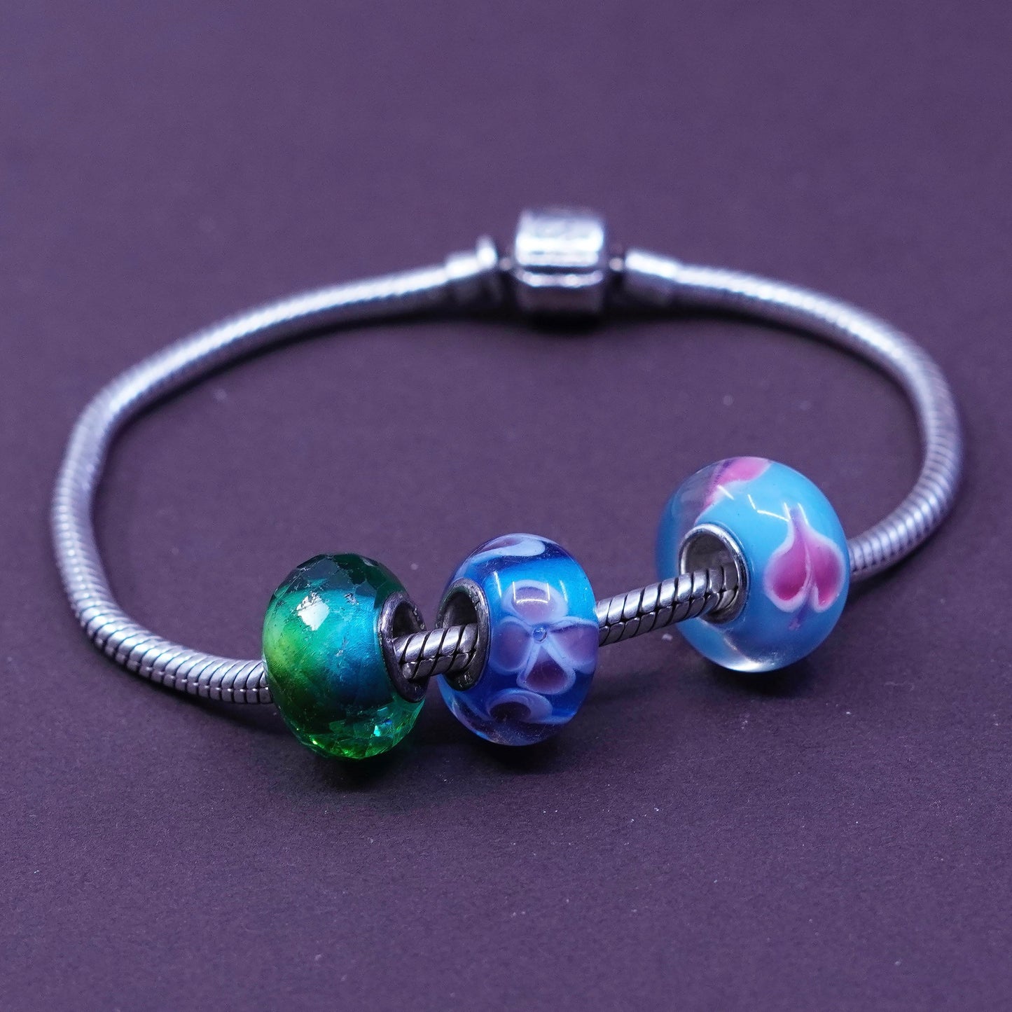 6.5”, sim stars sterling silver bracelet, 925 snake chain w/ Murano glass charm