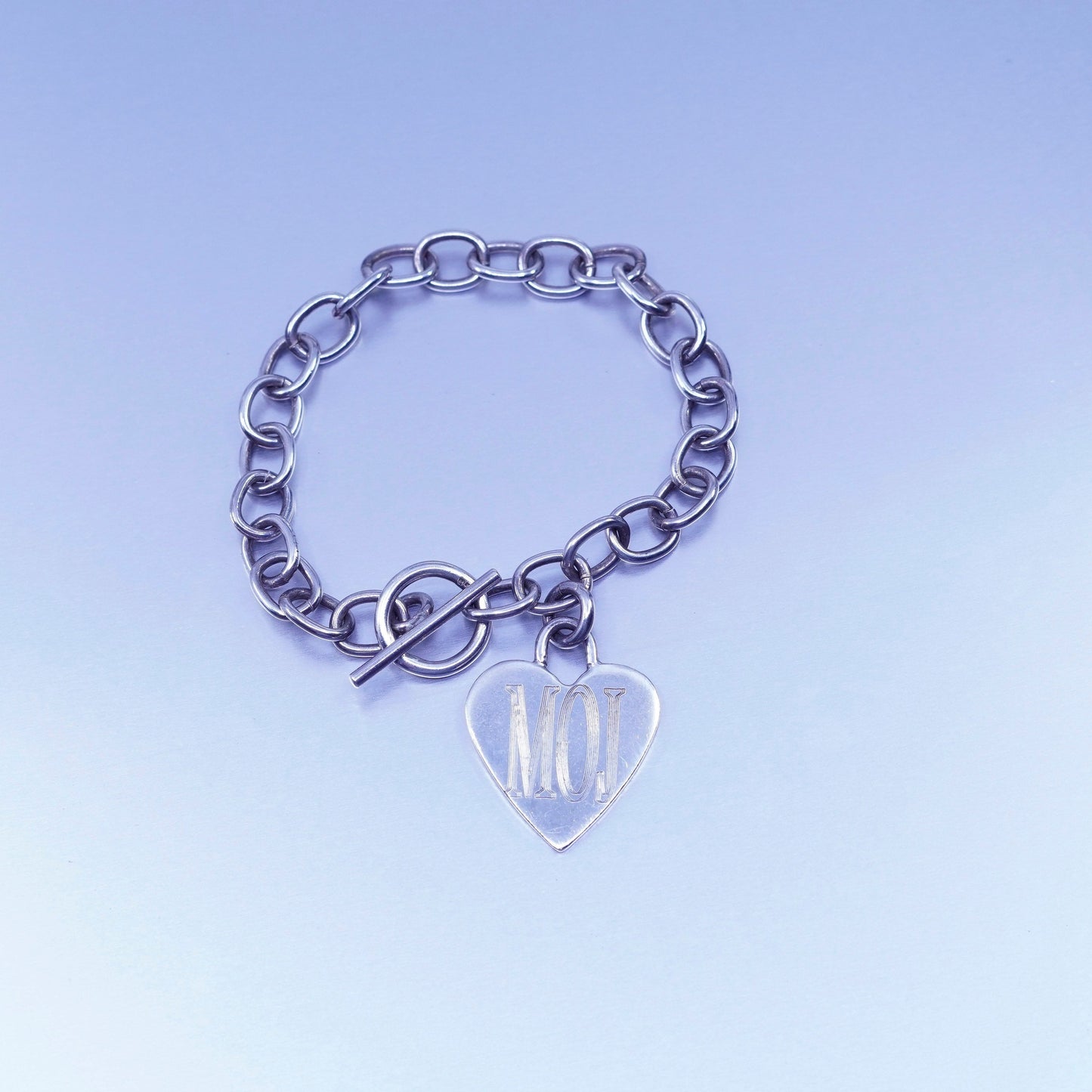 6.25”, vintage Sterling silver bracelet, 925 bold circle chain monogram “MOJ”