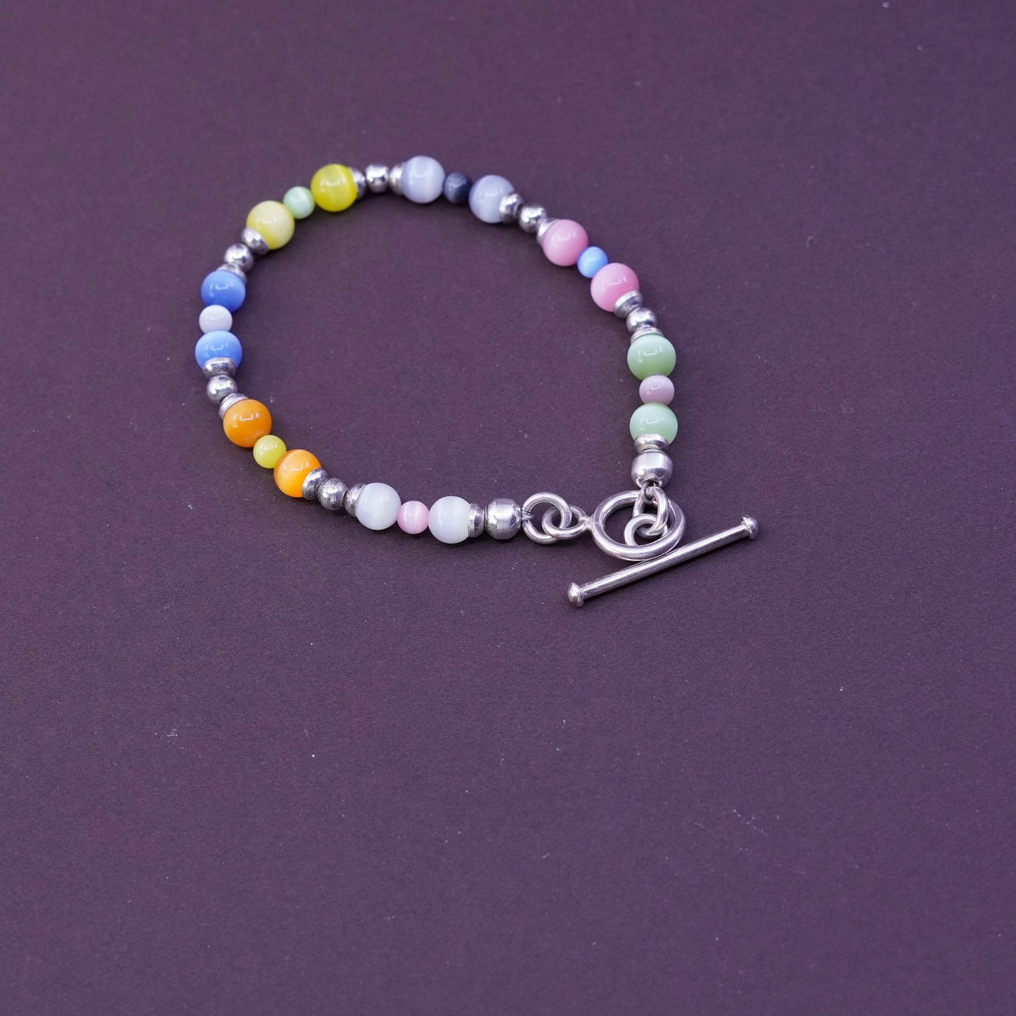 6.75”, Sterling 925 silver handmade bracelet, with colorful cat eyes beads