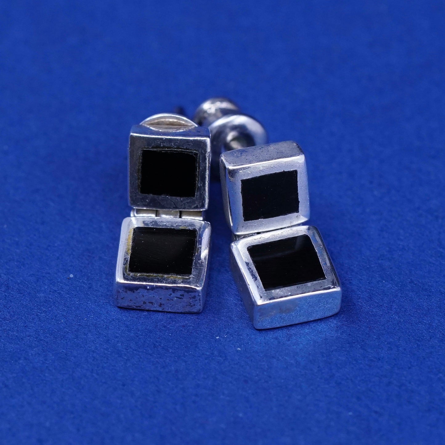 Vintage Sterling silver handmade Square earrings with obsidian