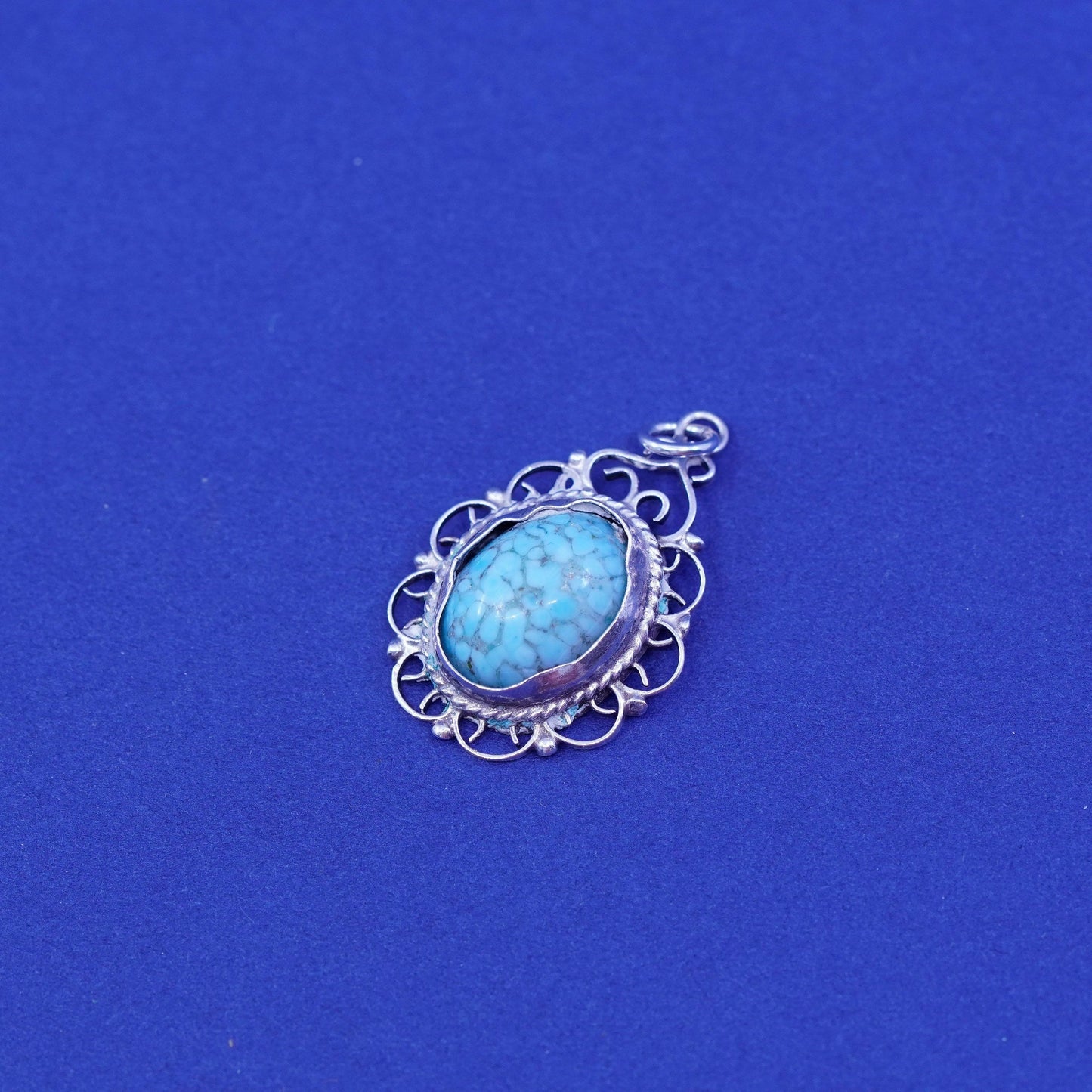 Vintage Sterling silver handmade pendant, 925 filigree with oval turquoise
