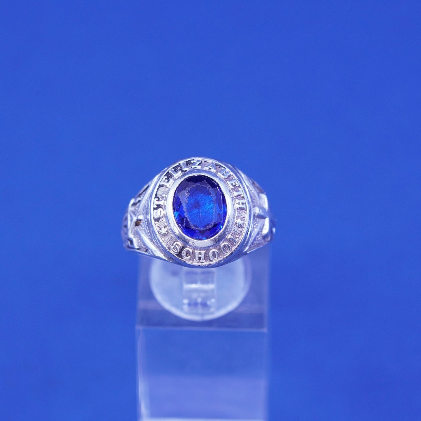 Size 9.5, vintage 1974 sterling 925 silver handmade ring w/ blue topaz and name