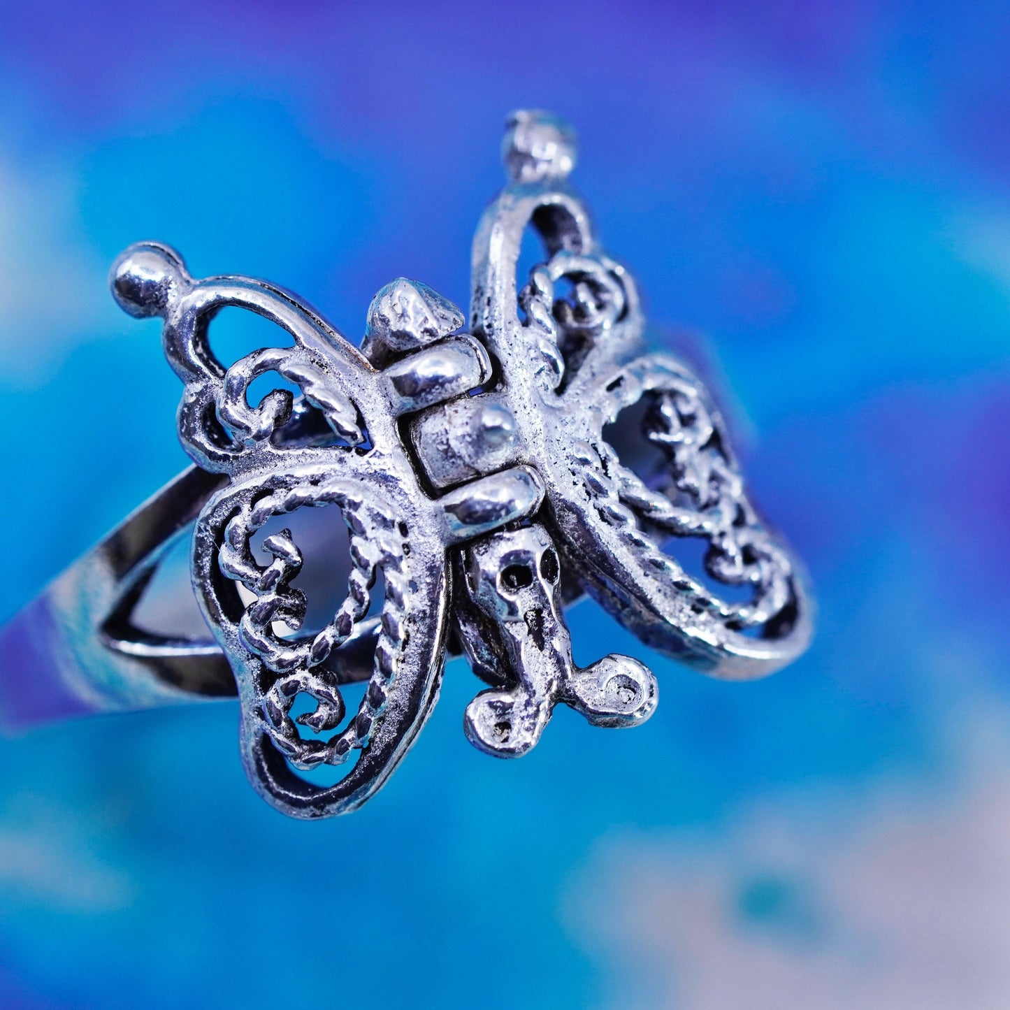 Size 7.5, sterling silver handmade ring, 925 filigree butterfly movable wings