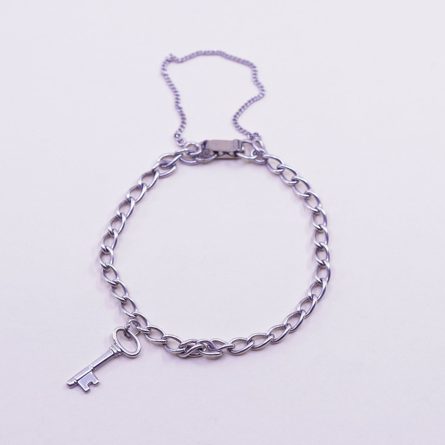 6.25”, 5mm, Vintage sterling silver curb chain, 925 handmade bracelet key charm