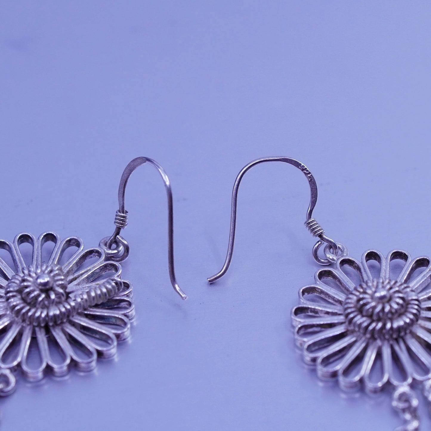 Vintage Sterling 925 silver handmade filigree flower earrings, stamped 925