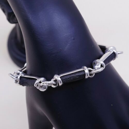 6.5”, Vtg Mexico Sterling 925 Silver Handmade Bracelet, Black Leather Link