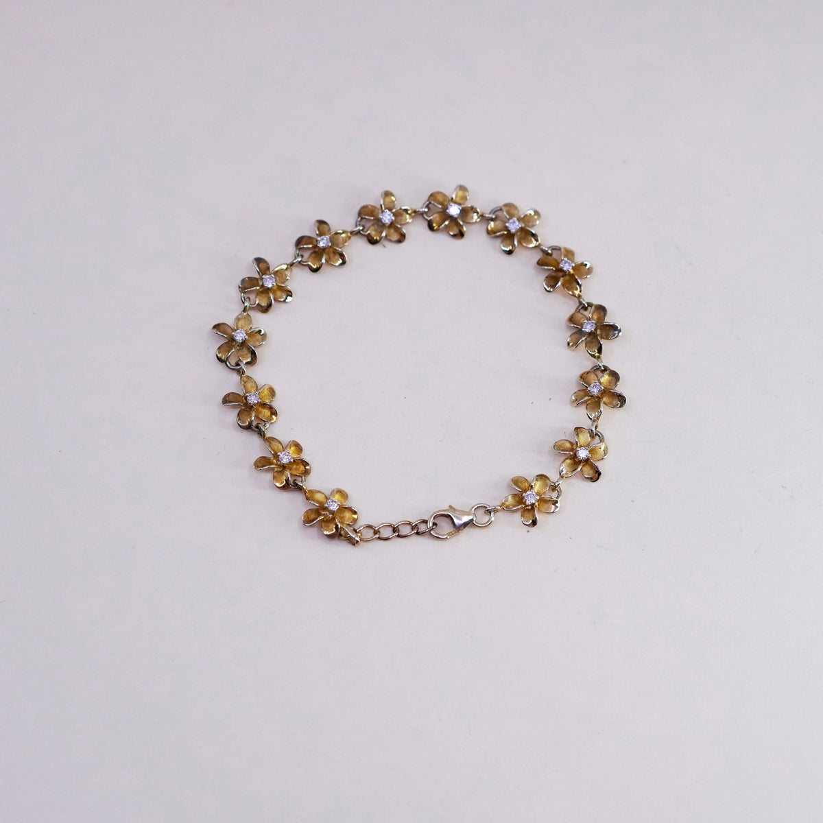 7.25”, vermeil gold sterling silver bracelet, 925 plumeria flowers cz, jewelry