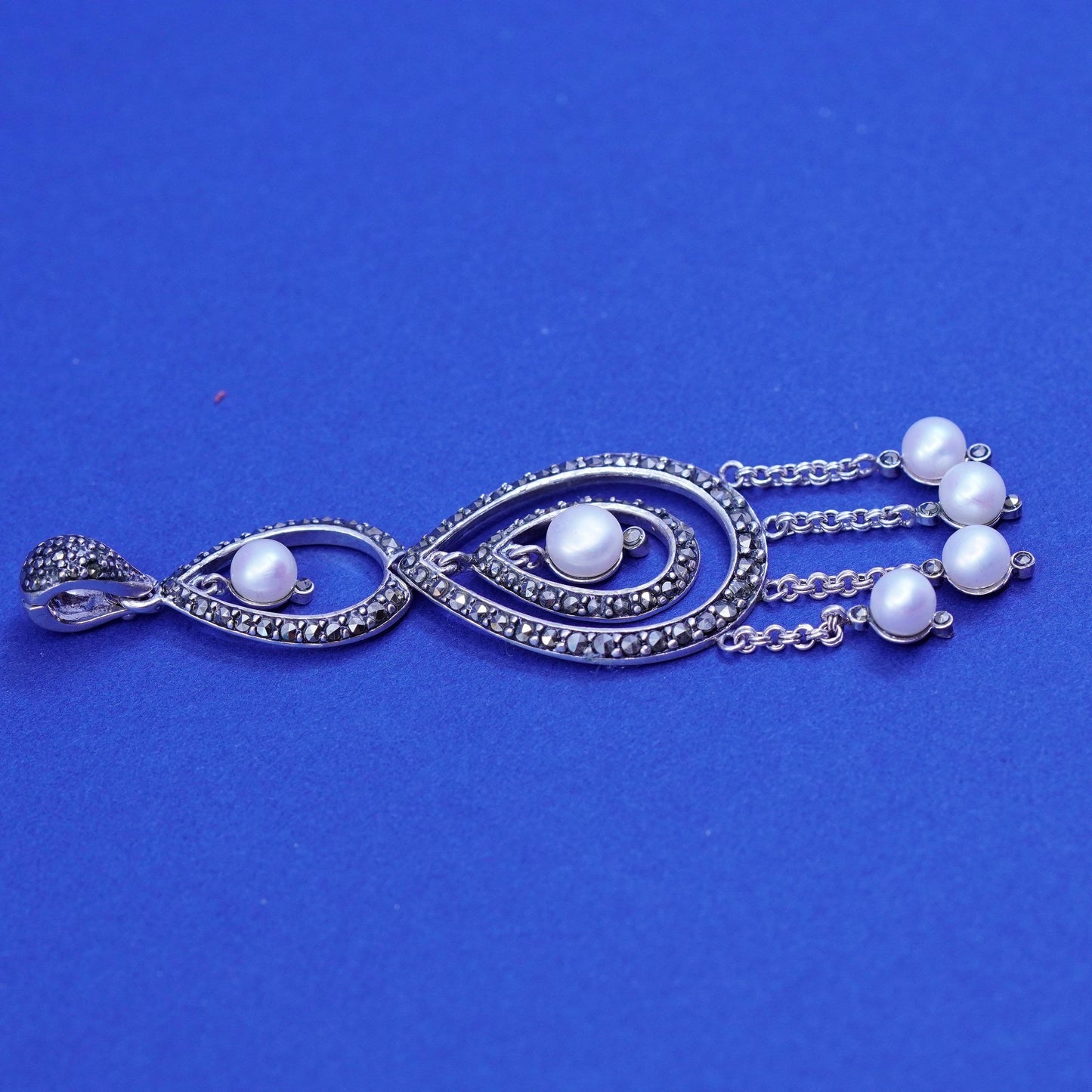 vtg Sterling silver handmade pendant, 925 teardrop with marcasite pearl fringe
