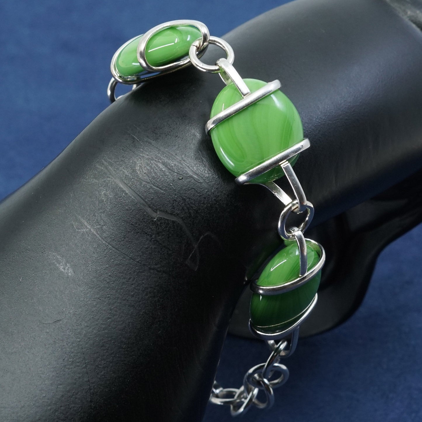 7.25", vtg sterling silver handmade bracelet, agate beads N 925 toggle closure