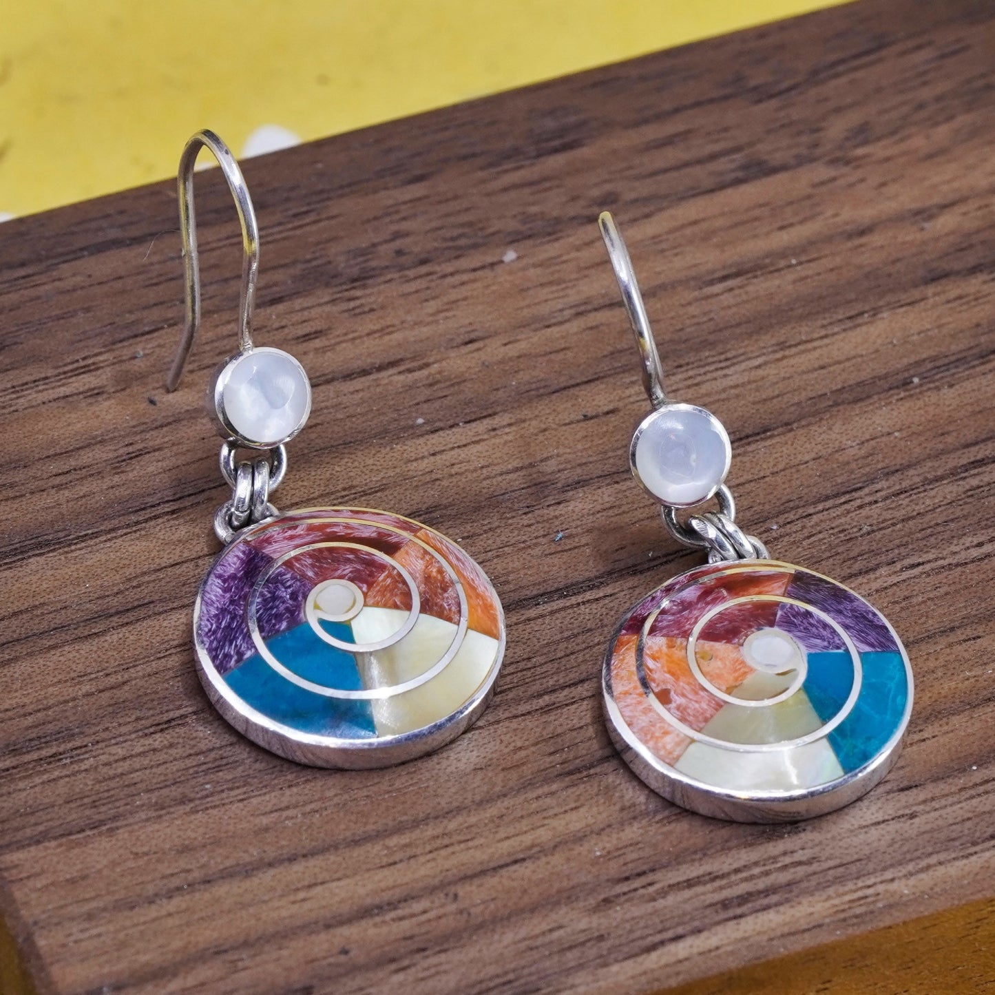 Sterling 950 silver earrings, Peruvian Inca silver turquoise, mother of pearl
