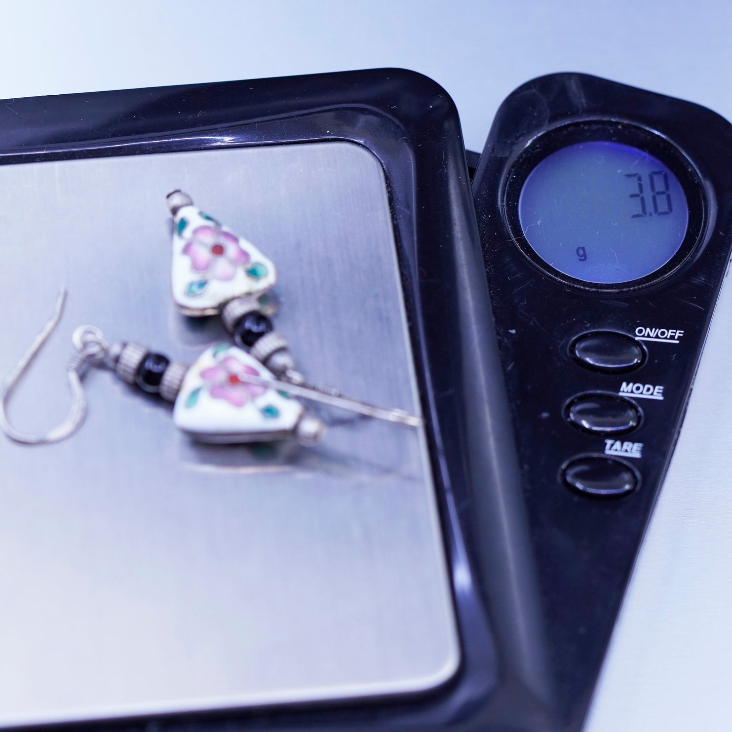 Vintage Sterling 925 silver handmade earrings with enamel flower